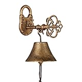 Relaxdays Türglocke Gusseisen, antikes Design, Gartenglocke Schlüssel, mit Kordel, Glocke für draußen, Wandglocke, Gold