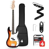 Donner E-Bass Gitarre Anfänger Set, 4 Saiten P-Stil Bass Gitarren in voller Größe Elektrobass mit Gitarrentasche, Gitarrengurt und Gitarrenkabel (Sunburst)