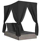 Emmtore Sonnenliege, Doppelliege mit Dach Vorhängen, Gartenliege Verstellbare Rückenlehne, Relaxliege Liege Gartenmöbel,Poly Rattan Sonnenliege,Grau