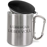 Prozente Momente Lieber voll | Edelstahl-Trinkbecher mit Karabinerhaken und Deckel | Geschenkidee | 330 ml | Becher | Camping | Vereine | Silber