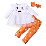 ZINTAOZT Halloween-Outfits für Kleinkinder, Babys, Mädchen, langärmelig, lächelndes Gesicht, Rüschen, T-Shirt, Tops, Hose, Stirnband, Herbst-Kleidungssets, Weiss/opulenter Garten, 3-4 Years