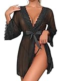 Tuopuda Negligee Damen Sexy Dessous Babydoll Nachtwäsche Kleid V-Ausschnitt Nachthemd Spitze Nachtkleid Kimono Morgenmantel Set Reizwäsche Kurz Robe mit G-String Gürtel, Schwarz, XL
