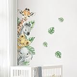 Tanlaby Dschungel Tier Wandtattoo Cartoon Tiere Wandsticker Giraffe Zebra Elefant Grüne Blätter Wandaufkleber für Kinder Babyzimmer Wohnzimmer Schlafzimmer Kinderzimmer Hause Wanddekoration