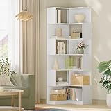 Hzuaneri Bücherregal, 7-Stöckiges Eckregal, L-förmiges Regal mit Ablagebrett, Standregal, Geeignet für Wohnzimmer, Schlafzimmer, Arbeitszimmer, Homeoffice, 60 x 54 x 181,5 cm, Weiß BC29303X