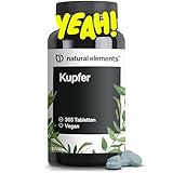 natural elements Kupfer – 365 vegane Tabletten – 2mg Kupfer pro Tagesdosis – geschmacksneutral, hochdosiert, ohne unnötige Zusätze – in Deutschland produziert & laborgeprüft