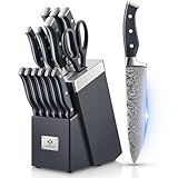 AMEGAT Messerblock mit Messer, 14-TLG Selbstschärfender Messerblock, Scharfe Messerset mit Ergonomischer und Rutschfester Griff, Edelstahl Küchenmesser Set mit Kochmesser, Brotmesser, Schere