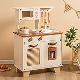 ROBUD Spielküche Holz für Kinder, Kinderküche Holz Küchen Spielset mit Interaktivem Zubehör & Eiswürfelspender Spielzeug für Kinder, Geschenk für Mädchen Jungen ab 3 Jahren (Mokka)