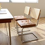 MFFM Esszimmerstühle aus Kunstleder, Rattan, seitliche Akzentstühle mit Chrombeinen, modernes Design der Mitte des Jahrhunderts für Esszimmer, Wohnzimmer, Küchenstühle (Leder, braun), 2 Stück