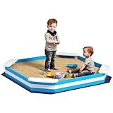 AIYAPLAY Sandkasten 133 x 108 cm Sandkiste aus Holz Sandbox mit Sitzbank, Bodenschutzfolie für 4 Kinder 3-7 Jahre Blau