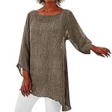 Generic Damen Langarm Tunika 3/4 Arm Asymmetrisch Hem Langarmshirt Bluse Baumwolle Leinen Green, Khaki XL Casual, Work, Streetwear, Party, Geschenk für sie
