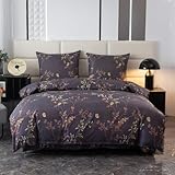 Cotton Market Bettwäsche - Bettwäsche-Sets 3 Teilig - Bettbezug 155x200 cm und 2 Kissenbezug 70x80 cm - Goldene Blumen(Violett)