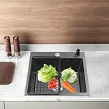 Spülbecken Schwarz Küchenspüle 1 Becken Einbauspüle Rechteckig Küchenspülen Spüle Waschbecken Küche Klein Einbauspüle Edelstahlspüle mit Abtropfkorb, Seifenspender