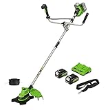 Greenworks Akku-Rasentrimmer und Freischneider 48V(2×24V) 38cm/25cm mit 2 Akku 4Ahund Ladegerät, Verstellbarer Fahrradgriff Hi/Low-Modus GD24X2BCB