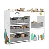 HOCSOK Spielzeugregal, Kinderregal mit 10 Stoff Aufbewahrungsboxen, Bücherregal, Spielzeugkiste auf Rollen, Spielzeug-Organizer im Kinderzimmer, Weiß