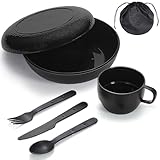 Berglander Camping Mess Set mit Schüssel, Teller, Tasse, Löffel, Gabel, Messer und Tragetasche, Campingzubehör Ausrüstung für Reisen, Picknick, einfach zu transportieren und zu reinigen (Schwarz)