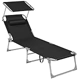 SONGMICS Sonnenliege, klappbarer Liegestuhl, 193 x 53 x 29 cm, trägt bis zu 150 kg, Sonnenschutz, Kopfkissen, verstellbare Rückenlehne, für Garten, Pool, Terrasse, schwarz GCB192B01