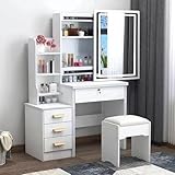 Schminktisch mit Beleuchtung,Schminktisch mit Spiegel und Hocker,Weiß Schminktisch in 3 Farben LED-Beleuchtung,Frisiertisch mit 4 Schubladen und 3 Ablagen,Make Up Tisch Schminktisch Holz mit Stuhl