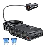 12V/24V Zigarettenanzünder Verteiler, 127W PD QC3.0 USB Auto Ladegerät Adapter mit 3 Steckdose und 4 Port USB, Zigarettenanzünder Splitter mit LED Voltmeter und Schalter, für Smartphone/Kamera/GPS
