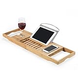 Badewannenablage, Badewannenbrett, Badewannentisch, Badewannentablett zum Baden in der Badewanne - ausziehbare Holzablage aus Natur Holz Bambus - bietet Platz für Buch, Badeprodukte, Glas u.v.m.