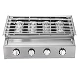 4 Flammen Edelstahl Gasgrill LPG Gasgrill Freistehend Gasbräter mit Stahlplatten Höhenverstellbar Gaspatronengrill Tragbarer Tischgrill für Camping, Gartenparty, Balkon 57 * 39 * 17.5cm