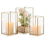 NUPTIO Windlicht Glas Laterne Deko: Gold Kerzenständer Metall Set von 3 Groß Kerzenhalter Hochzeit Tischdeko Stumpenkerzen Dekorative Laternen Set Draußen Weihnachten Wohnzimmer Tischplatte