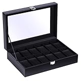 Ohuhu Uhrenbox mit 12 Fächern, Watch Box Uhren Aufbewahrungsbox mit Glasdeckel, Uhrenkasten aus PU Leder und Samt Innenfutter, Geschenkidee für Geburtstag Vatertag Weihnachten