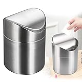 WSAMJIN Desktop Mülleimer, Mini Abfalleimer Silber Tischabfalleimer Edelstahl Abfallbehälter mit Deckel für Büro Waschtisch, Durchmesser Ø 12 cm, 16 cm Höhe