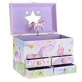 Jewelkeeper Einhorn Schmuckaufbewahrung - Musikalisches Schmuckkästchen für Kinder mit 4 Ausziehschubladen - Melodie Wunderschöner Träumer - Holz - 19,1 x 12,1 x 15 cm - Rosa