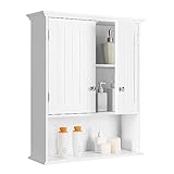 GOPLUS Hängeschrank Bad, Badschrank Holz mit verstellbarem Regal, Wandschrank hängend, Badezimmerschrank Küchenschrank, 60×19×71cm (Weiß)