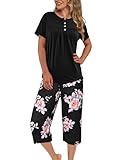 Evolyline Schlafanzug Damen Kurz, Shorty Pyjama Set Sommer, Schlafanzüge für Damen Kurzarm Top und 3/4 Lang Hose, Rundhals Ausschnitt Loungewear Nachtwäsche mit Taschen S-XL