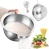 Exquilnova Reis Waschschüssel mit Ausgießer aus 304 Edelstahl, Lebensmittelechtes Nudelsieb Groß Abtropfsieb Reissieb zum Waschen und Abtropfen von Quinoa, Getreide, Bohnen, Obst, Gemüse Sieb