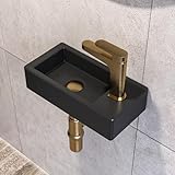 DeerValley DV-1V0091L Waschbecken, schwarz, matt, rechteckig, Keramik, zum Aufhängen, für Badezimmer, Waschbecken, Handwaschbecken, WC, 365 x 180 x 90 mm (Wasserhahn links)