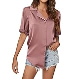 FGUUTYM Seidenbluse Damen V-Ausschnitt Kurzarm Hemdbluse Longbluse Elegante Sommer Hemd Oberteile Top Buttom Down Tunika Tops Blusenshirt Blusen & Tuniken Für Damen Festliche Bluse Basic Damenblusen