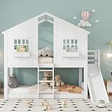 Etagenbett Kinderbett 90x200, Hochbett Hausbett für 2 Kinder, Stockbett mit Rutsche&Leiter&Fenstern&Dach&Aufbewahrungsbox, Doppelbett Holzbett mit Lattenrost&Rausfallschutz, Kiefer, Ohne Matratze,Weiß