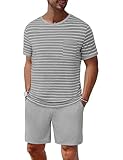 Jahetuul Schlafanzug Herren Kurz aus Baumwolle Sommer mit Kontraststreifen Design Pyjama Herren mit Rundhalsausschnitt Pyjama Herren Kurz für Vater und Partner