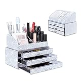 Make-up-Organizer, Schmuck, Kosmetik-Aufbewahrungsboxen, Make-up-Pinselhalter, Kosmetikhalter, glitzernde Diamant-Arbeitsplatte, Schmuckkoffer für Frauen, Mädchen (Neuweiß)