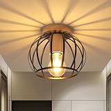 Goeco Deckenleuchte Schwarz, E27 Lampenfassung 1 Fimmig, Industrial Lampenschirm in Form eines Metallkäfigs mit Holzsockel, Deckenlampe Vintage für Flur, Balkon und Speisesaal, Ø 19cm
