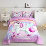 Loussiesd Einhorn Bettdecke 135x200cm Süße Tiere Muster Steppbett Kinder Mädchen Regenbogen und Sterne Drucken 4-Jahreszeiten Bettdecke Mikrofaser mit 1 Kissenbezug 80x80cm