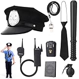 Kaisibum 8 Stück Polizei Kostüm Zubehör Set mit Polizeimütze Walkie Talkies Krawatte Baton Pfeife Modellrekorder Simulationsgranate für Kinder Damen Herren Cosplay Karneval Halloween Party Kostüm