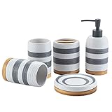 Zanzan Duschlotionsspender Seifenspender 5 Stück Badezimmerzubehör Set, Handgemalte Weizenstreifen Bad Ensemble,Keramikbad Set Mit Bambusholzbasis Seifenspender