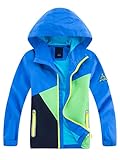 YOUNGSOUL Kinder Regenjacke mit Farbblock Mädchen Jungen Übergangsjacke Outdoorjacke Win und Wasserdicht Windjacke mit Kapuze Blau DE: 146-152 (Herstellergröße 150)