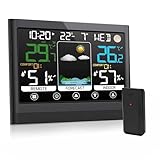 Wetterstation mit Außensensor Funk, Thermometer Hygrometer Innen Ausen, Digital Farbdisplay und Außentemperatur mit Wettervorhersage, Temperatur, Luftfeuchtigkeit, Uhrzeit