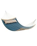 SONGMICS Hängematte für 2 Personen, gepolstert, Outdoor Hängematte mit trennbaren Bambusstangen, Camping-Hängematte mit Kissen, 200 x 140 cm, max. 225 kg belastbar, blau-beige GDC34QW