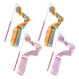 FYSL 4 Stück Tanzen Streamer, Regenbogen Gymnastikband Tanzband mit Stab, Turnband Rhythmikband Wirbelband für Kinder Mädchen (78,7 Zoll/2M)