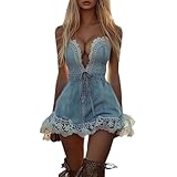 Damen Jeanskleid Kurzes Sommer Denim Kleid Slim Fit Jumpsuit Kleid Schlank Ärmellos Spaghetti Träger Kleider Partykleid Bandeau Bodycon Minikleid Bleistiftrock Sexy Spaghettiträger