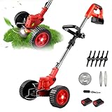 Elektrischer, kabelloser Rasentrimmer, 21 V, kabelloser Kantenschneider mit Akku und 8 Klingen, Hilfsrad, schwenkbarer Kopf, 90 °, höhenverstellbar, geräuscharm, Garten (3000 mAh Akku*2)