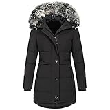 Cantissa Langer Damen-Parka mit Pelzbesatz, mit Kapuze, gepolstert, Winterjacke, Mantel, Winter, warme Baumwolle, Steppjacke, Parka mit Kunstfell-Kapuze, Y8-Schwarz, S