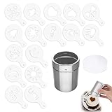 Kakaostreuer für Cappuccino,Puderzuckerstreuer,16 Stk Druckform Kakaostreuer Schablonen,Kakao Streuer Cappuccino,Kaffee Zubehör,Coffee Accessories,Edelstahl Kakaopulver Pulverstreuer,Kaffeeschablone