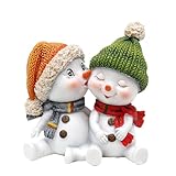 Dekohelden24 Schneekinderpaar mit Mütze und Schal in rot, grau, orange, grün, L/B/H 10,7 x 7,3 x 10,8 cm, Kuss, 11 cm