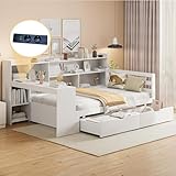 okwish Kinderbett 90x200 cm, Jugendbett mit Schreibtisch Schubladen und Stauraum Regal, Funktionsbett mit Steckdose und USB Ladefunktion, Bettgestell mit Lattenrost, Kiefernholz, Weiß ohne Matratze